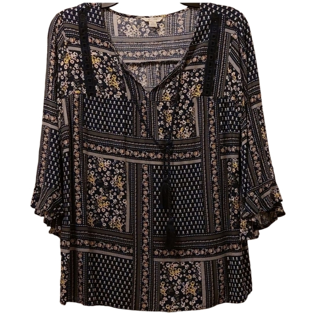 Vintage Boho Peasant Blouse M Bell Sleeves navy and white CEst 1946 EUC